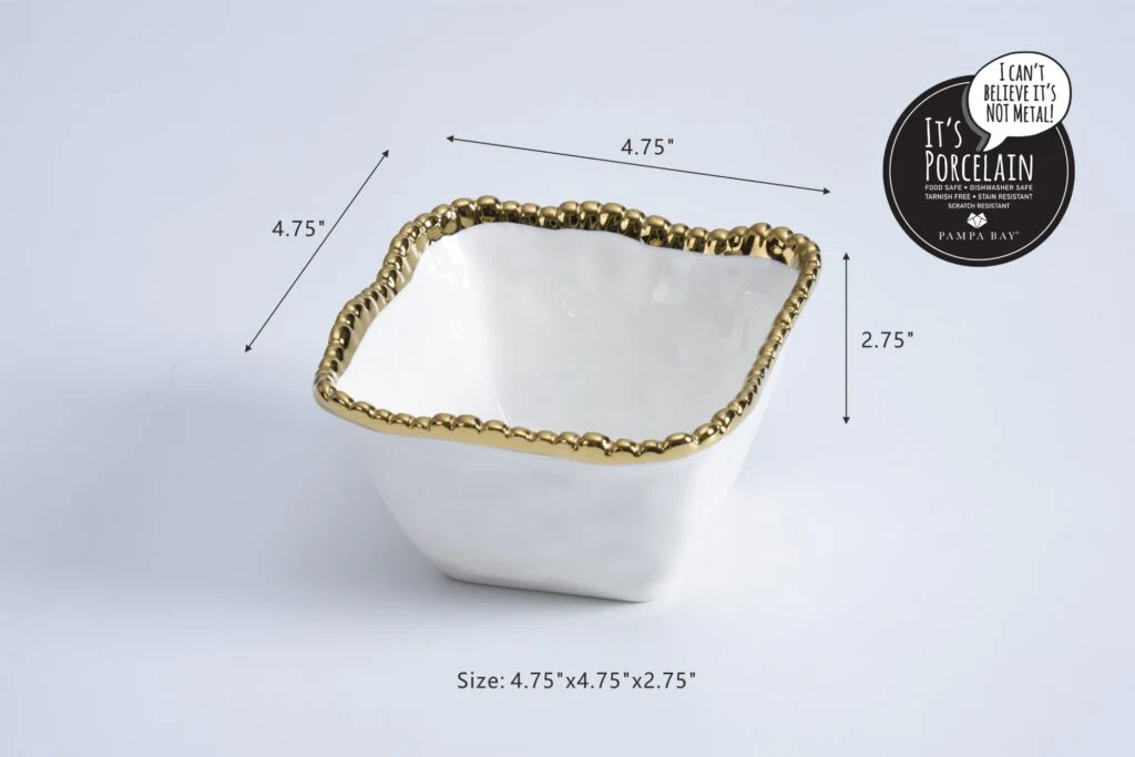Pampa Bay White and Gold Square Snack Bowl, Beaded - Image 2